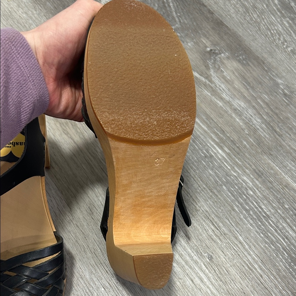 Swedish Hasbeens Black Woven Leather Clog Sandals 37/ 6.5-7 - Picture 6 of 10